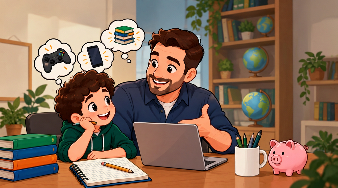 Pai e filho conversando sobre escolhas financeiras